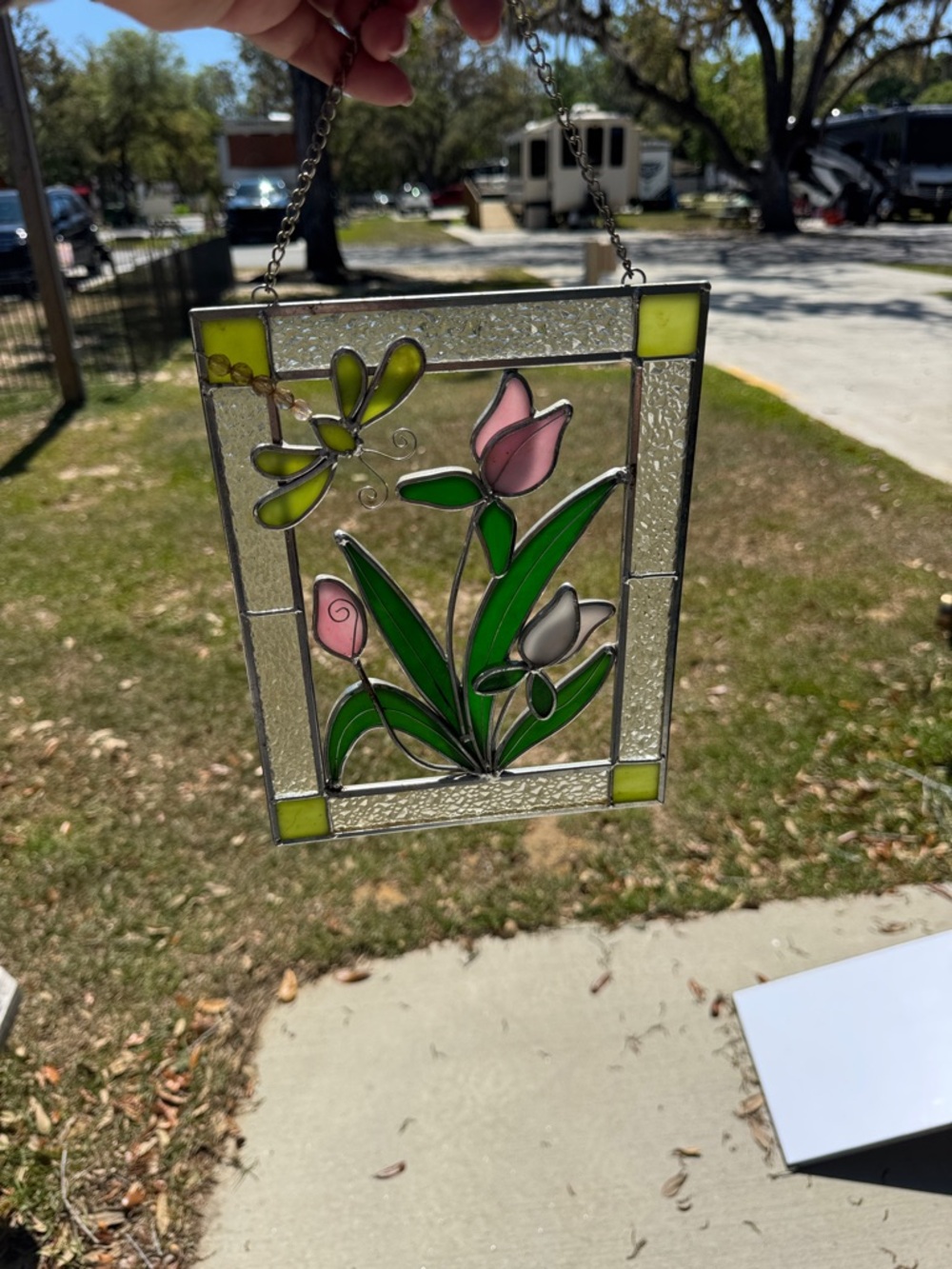 Gorgeous Handcrafted Pink Tulip Stained Glass Hanging Panel